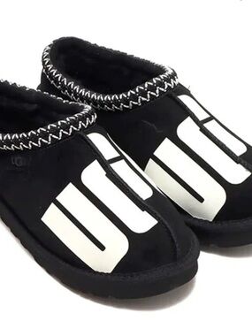 Ugg Tasman Chopd Logo Slippers Suede Leather Black White US 8